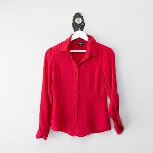 Bebe 100% Silk Red Button Up Blouse Roll Tab Sleeve Luxe Shirt Women XS